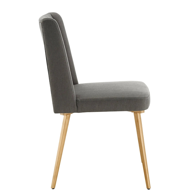 Gold Finish Herringbone Fabric Upholstered Dining Chair with Ridged Back