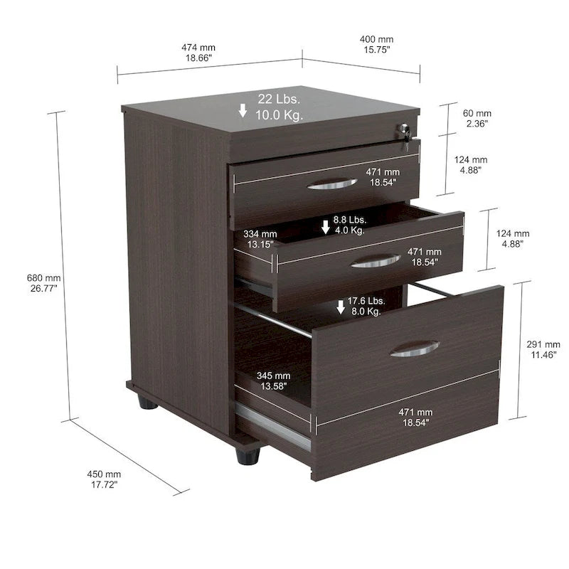 3-Drawer Espresso File Cabinet with Locking System and Chrome Handles