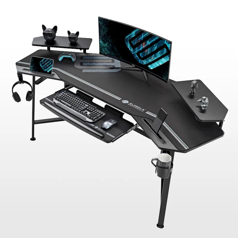 Wing-Shaped Gaming Desk with Keyboard Tray RGB Shelves Black