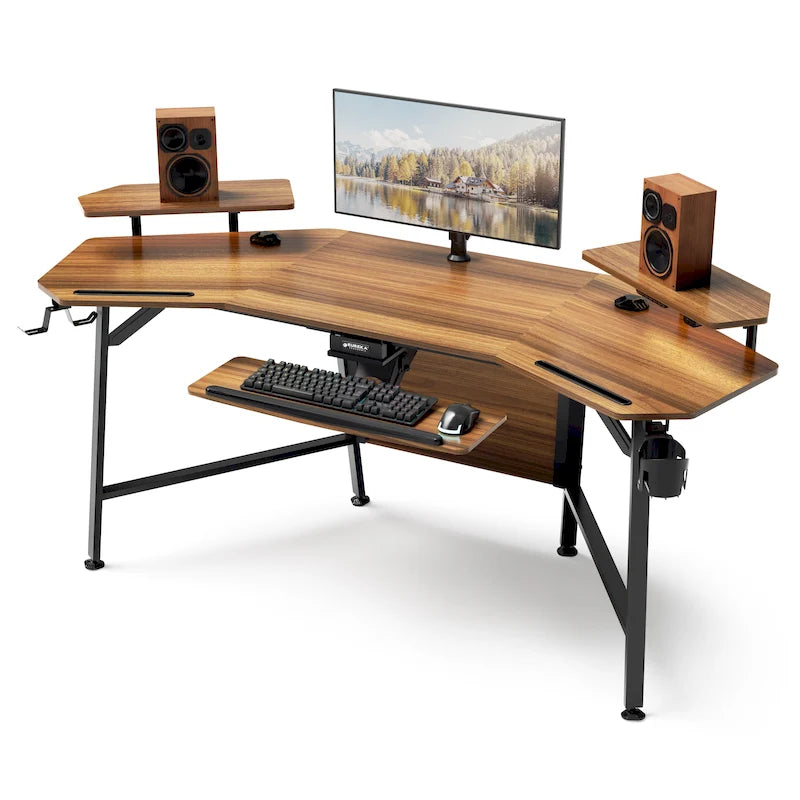 Wing-Shaped Gaming Desk with Keyboard Tray RGB Shelves Black