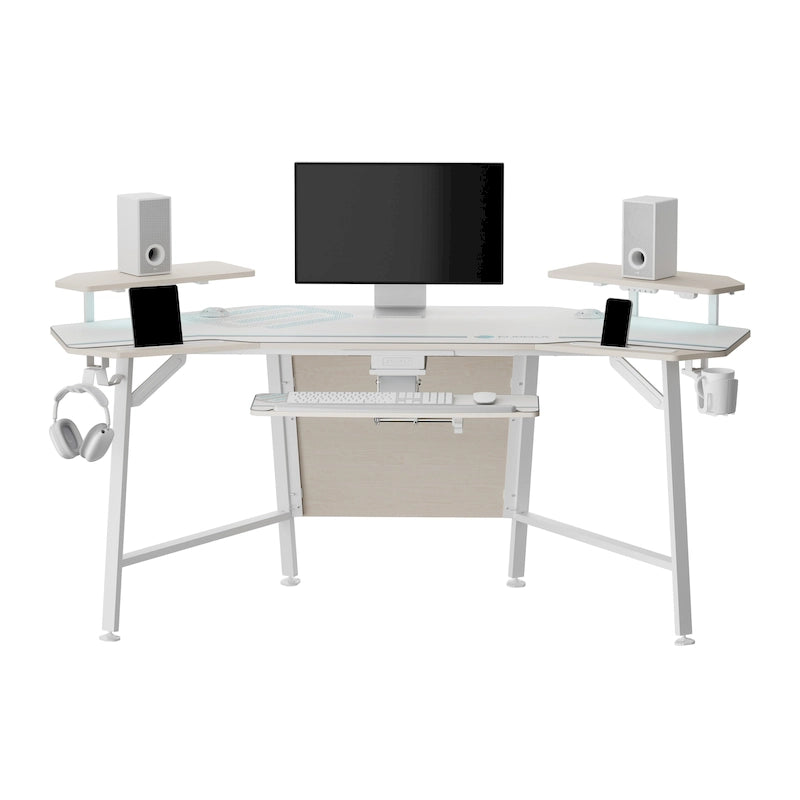 Wing-Shaped Gaming Desk with Keyboard Tray RGB Shelves Black