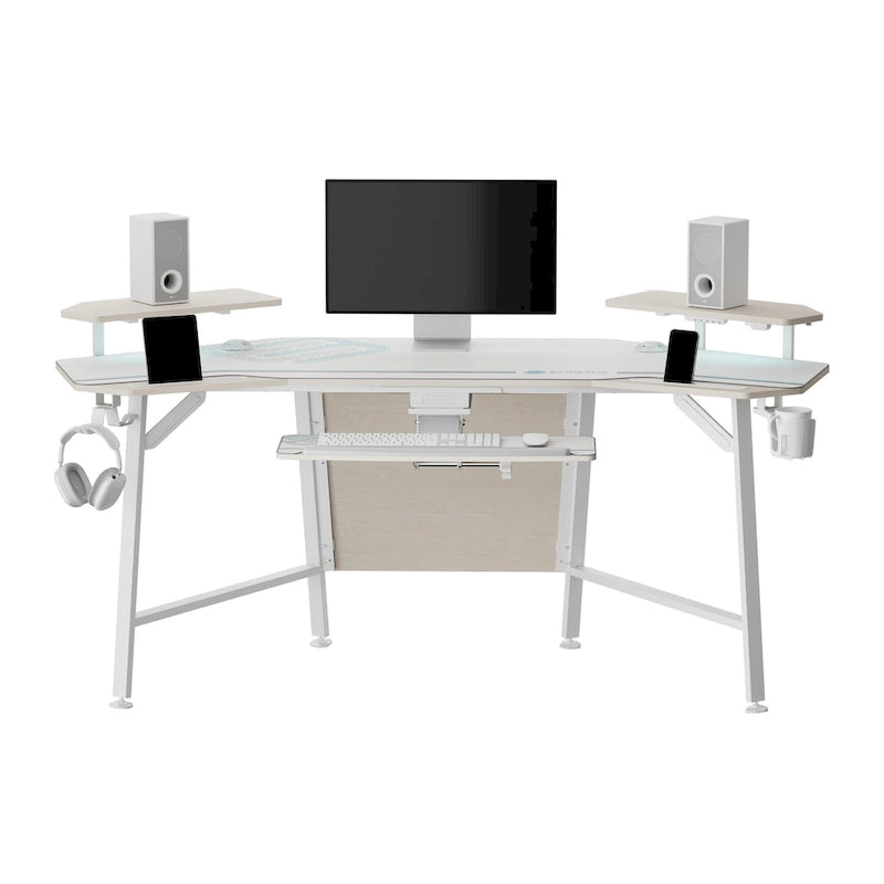 Wing-Shaped Gaming Desk with Keyboard Tray RGB Shelves Black