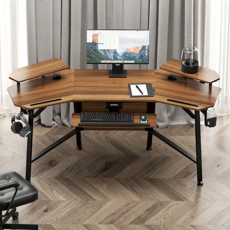 Wing-Shaped Gaming Desk with Keyboard Tray RGB Shelves Black