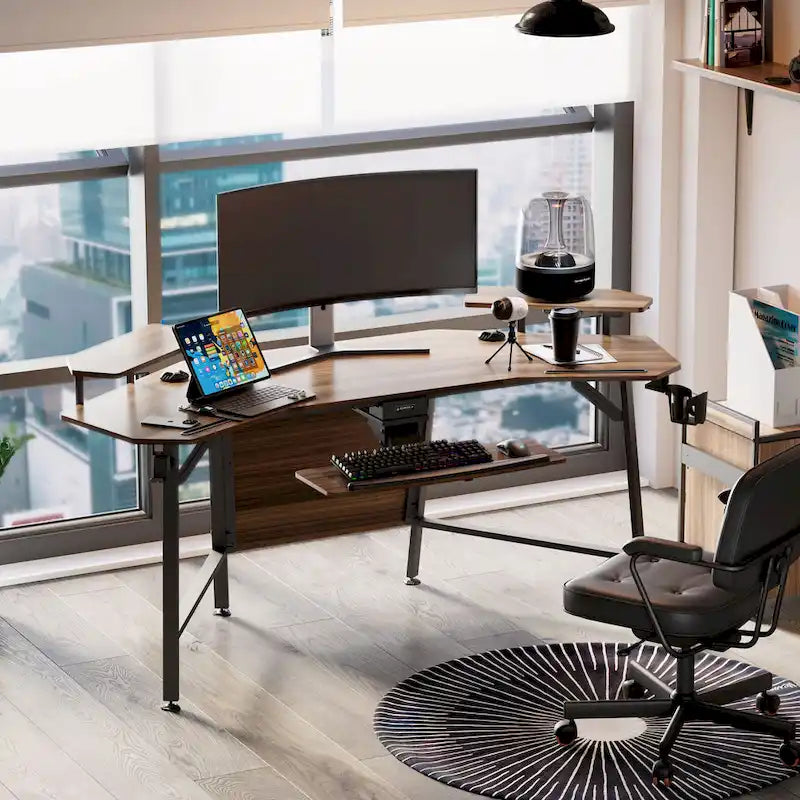 Wing-Shaped Gaming Desk with Keyboard Tray RGB Shelves Black