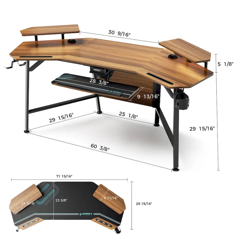 Wing-Shaped Gaming Desk with Keyboard Tray RGB Shelves Black