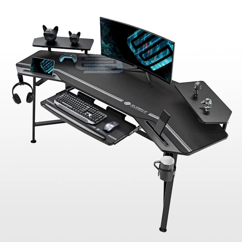 Wing-Shaped Gaming Desk with Keyboard Tray RGB Shelves Black