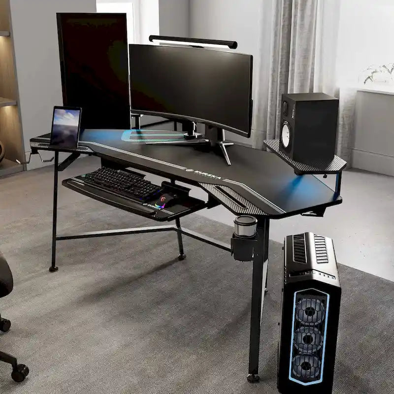 Wing-Shaped Gaming Desk with Keyboard Tray RGB Shelves Black