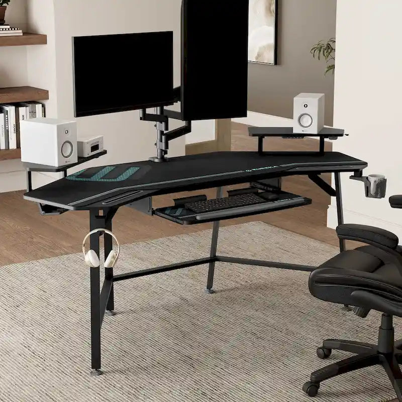 Wing-Shaped Gaming Desk with Keyboard Tray RGB Shelves Black