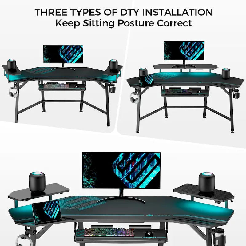 Wing-Shaped Gaming Desk with Keyboard Tray RGB Shelves Black