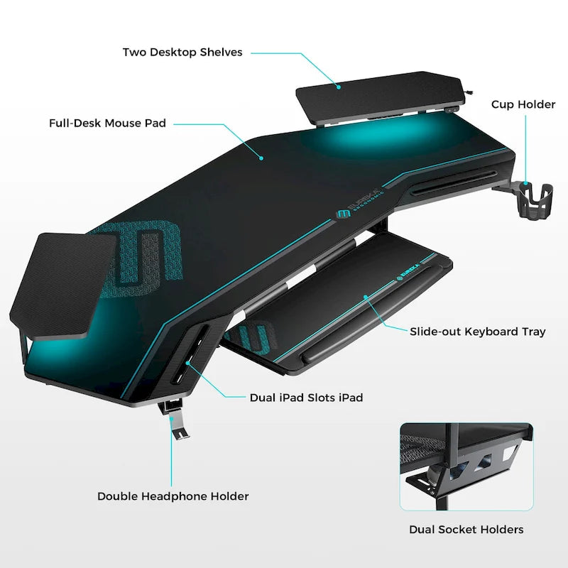 Wing-Shaped Gaming Desk with Keyboard Tray RGB Shelves Black