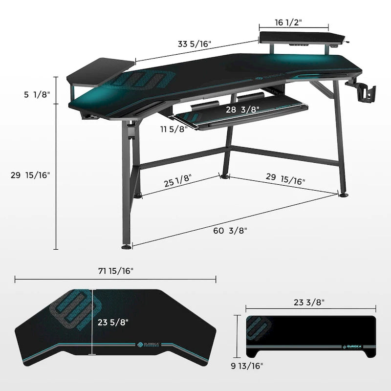 Wing-Shaped Gaming Desk with Keyboard Tray RGB Shelves Black