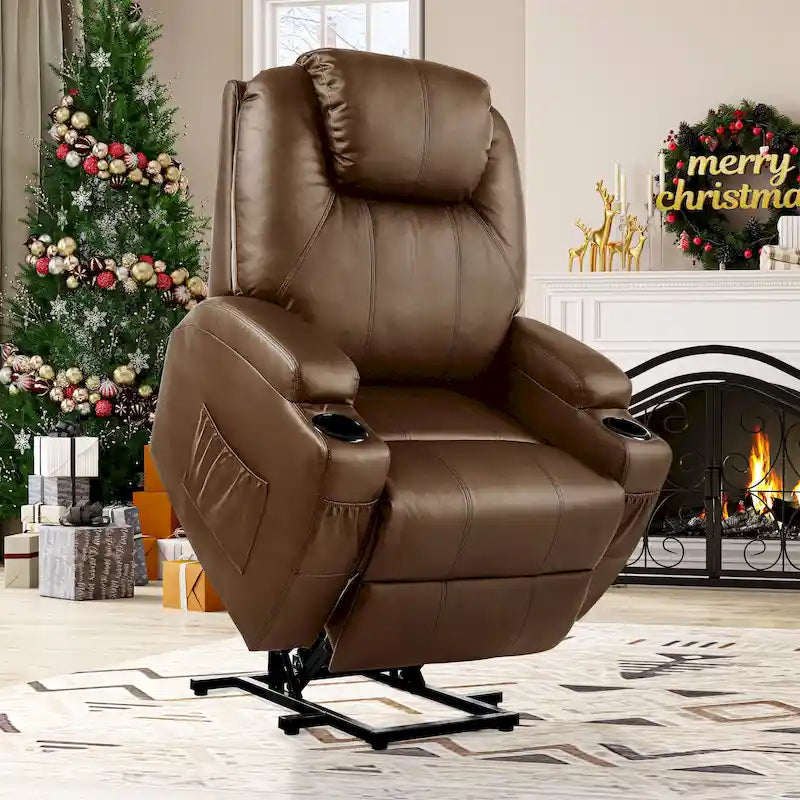 PU Leather Power Lift Massage Recliner Chair with Heat Vibration Cup Holders