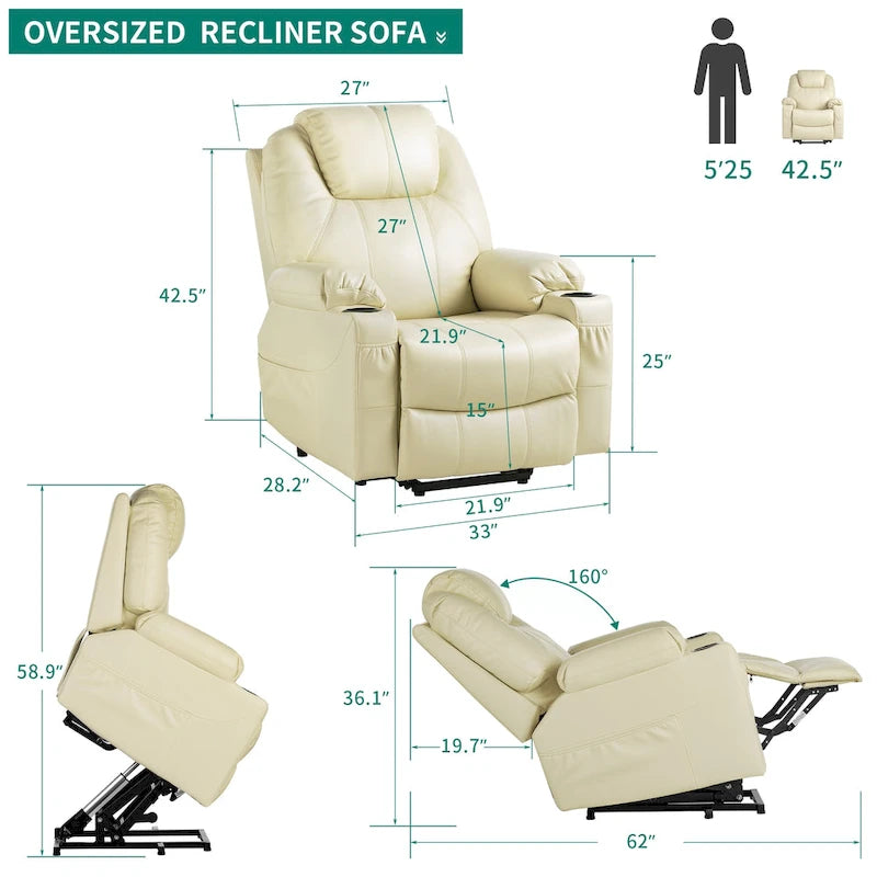 PU Leather Power Lift Massage Recliner Chair with Heat Vibration Cup Holders