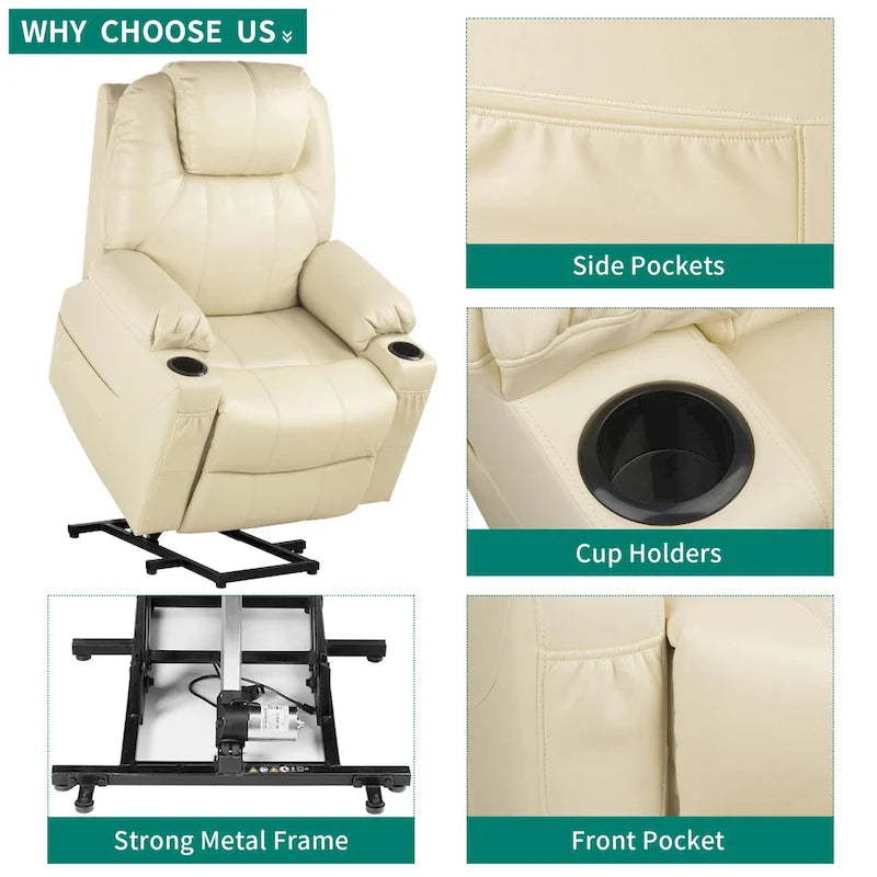 PU Leather Power Lift Massage Recliner Chair with Heat Vibration Cup Holders
