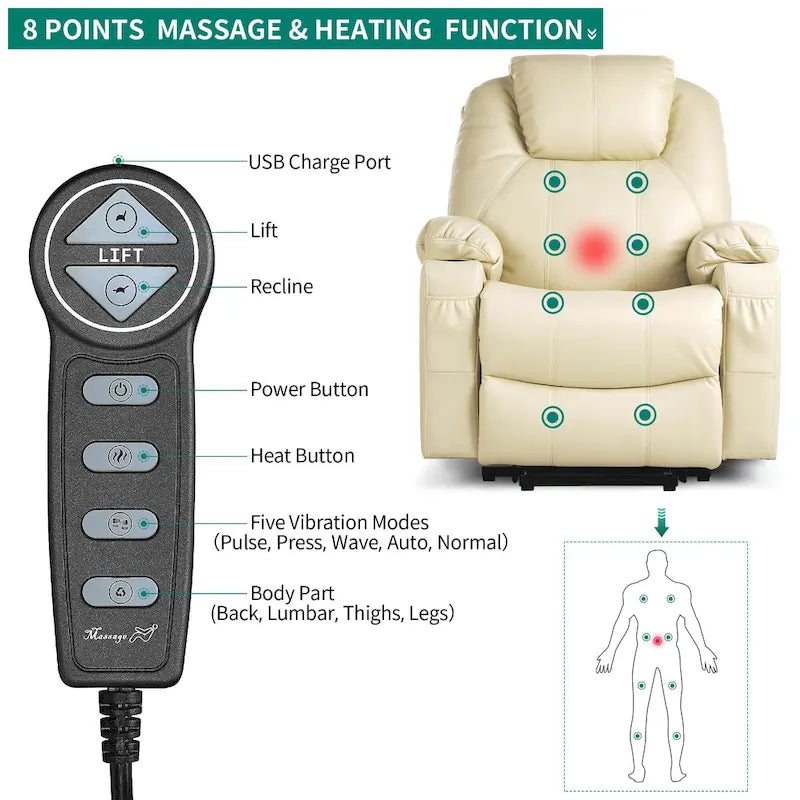 PU Leather Power Lift Massage Recliner Chair with Heat Vibration Cup Holders