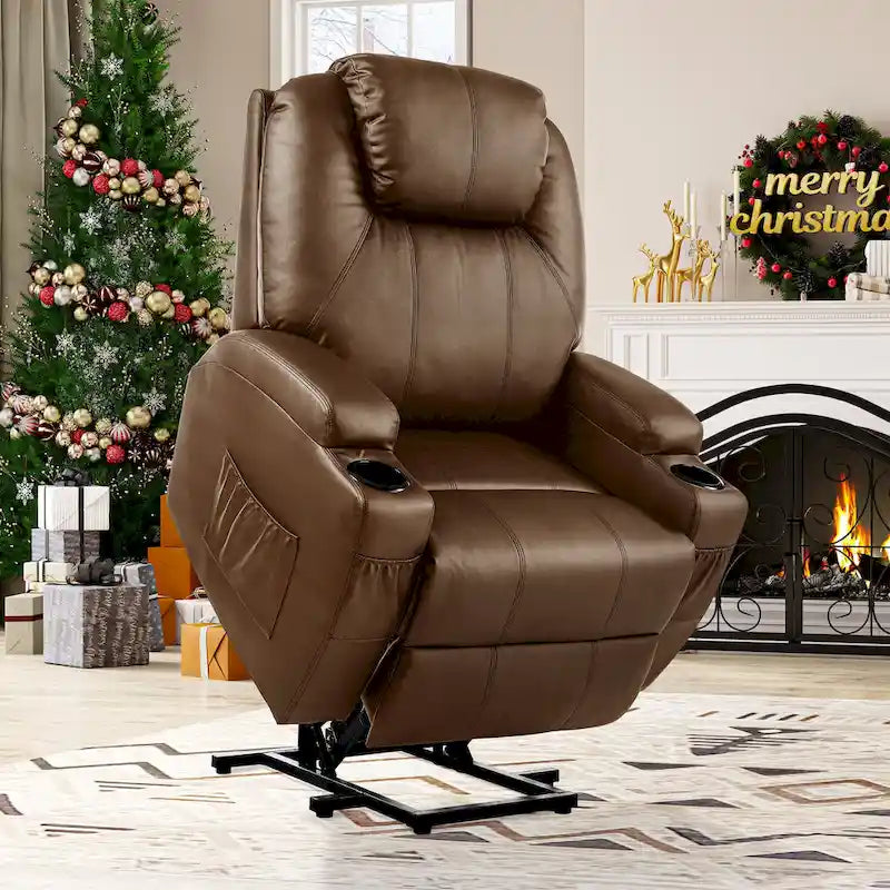 PU Leather Power Lift Massage Recliner Chair with Heat Vibration Cup Holders