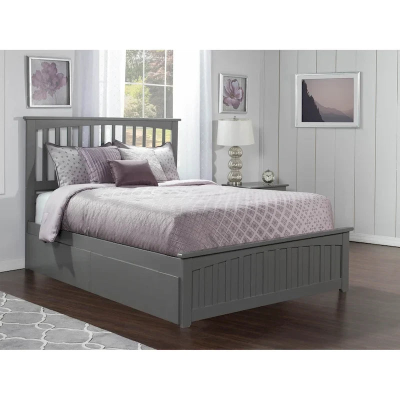 Grey Solid Wood Queen Platform Bed with Footboard and Storage Drawers