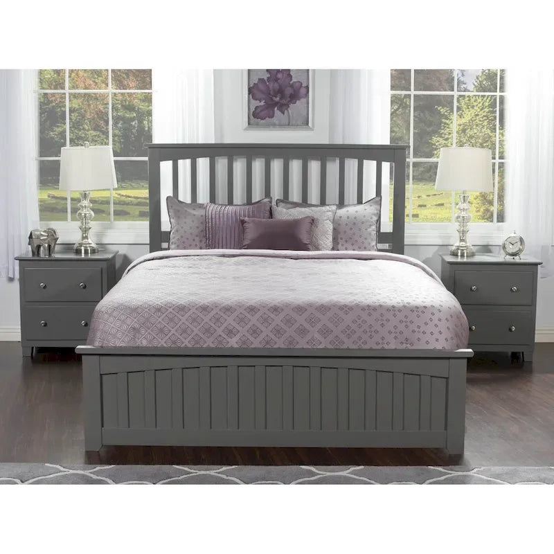 Grey Solid Wood Queen Platform Bed with Footboard and Storage Drawers