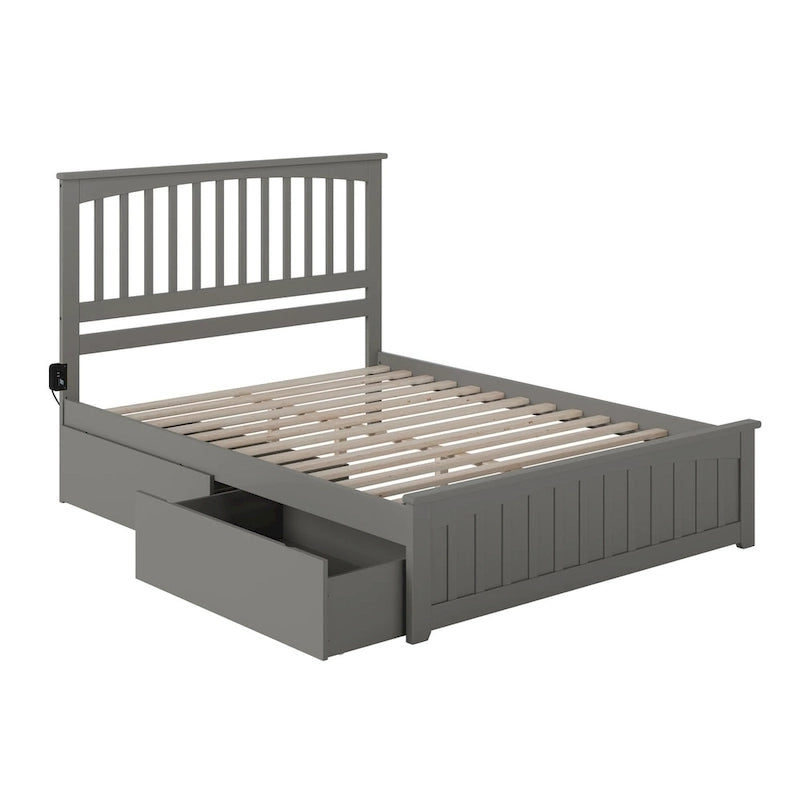 Grey Solid Wood Queen Platform Bed with Footboard and Storage Drawers
