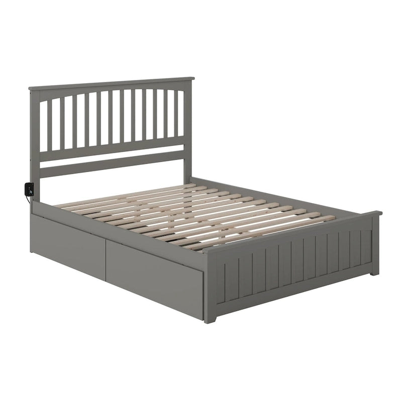 Grey Solid Wood Queen Platform Bed with Footboard and Storage Drawers