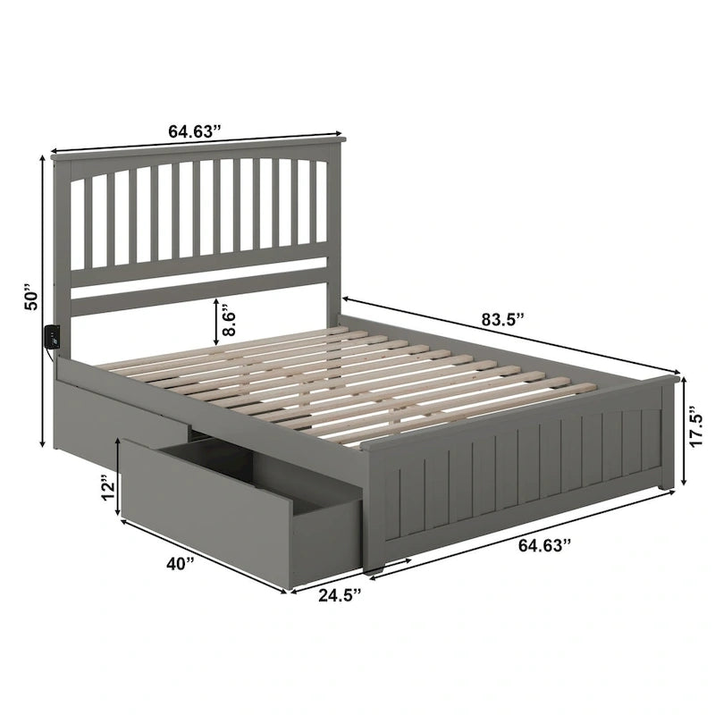 Grey Solid Wood Queen Platform Bed with Footboard and Storage Drawers