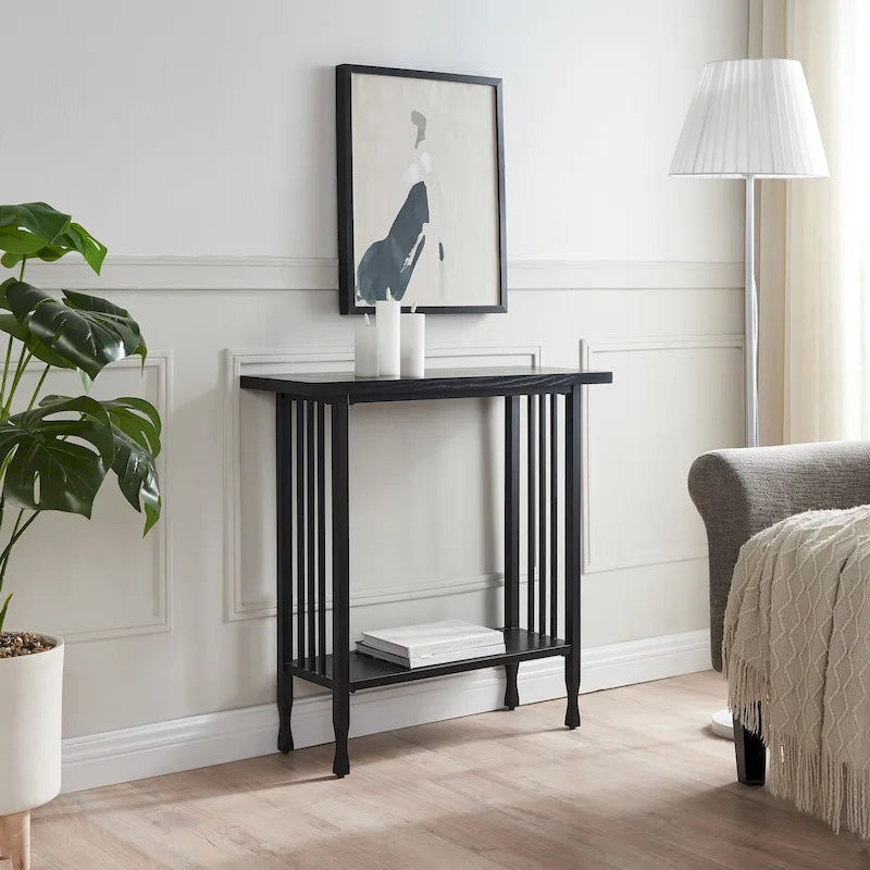 Matte Black Slatted Mission Style Console Hall Stand with Lower Shelf