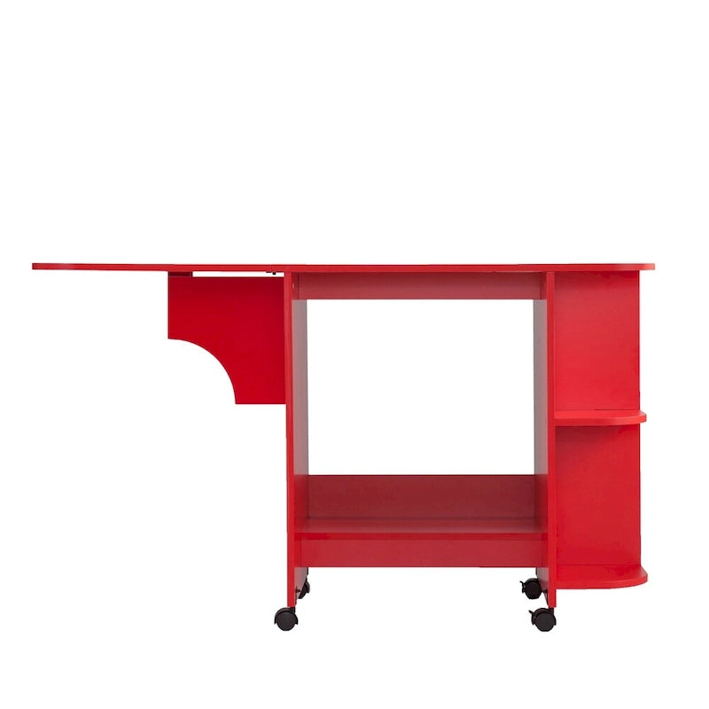 Foldable Rolling Sewing Table with Side Shelves Craft Station Red