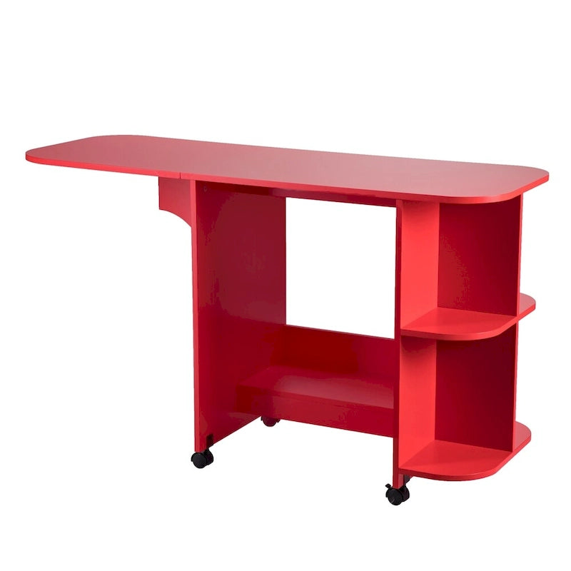 Foldable Rolling Sewing Table with Side Shelves Craft Station Red
