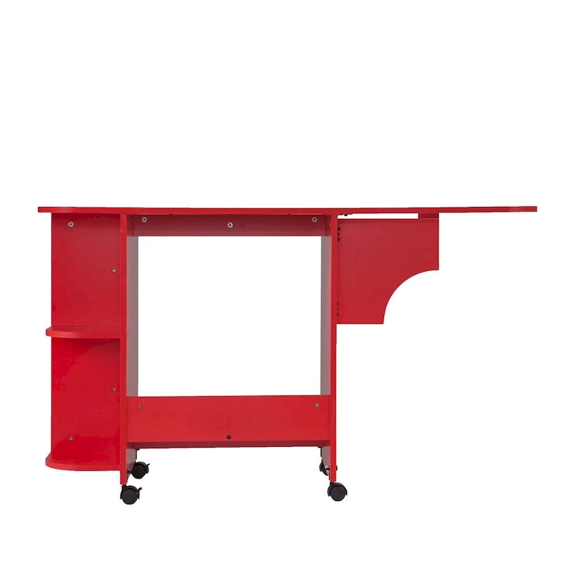 Foldable Rolling Sewing Table with Side Shelves Craft Station Red