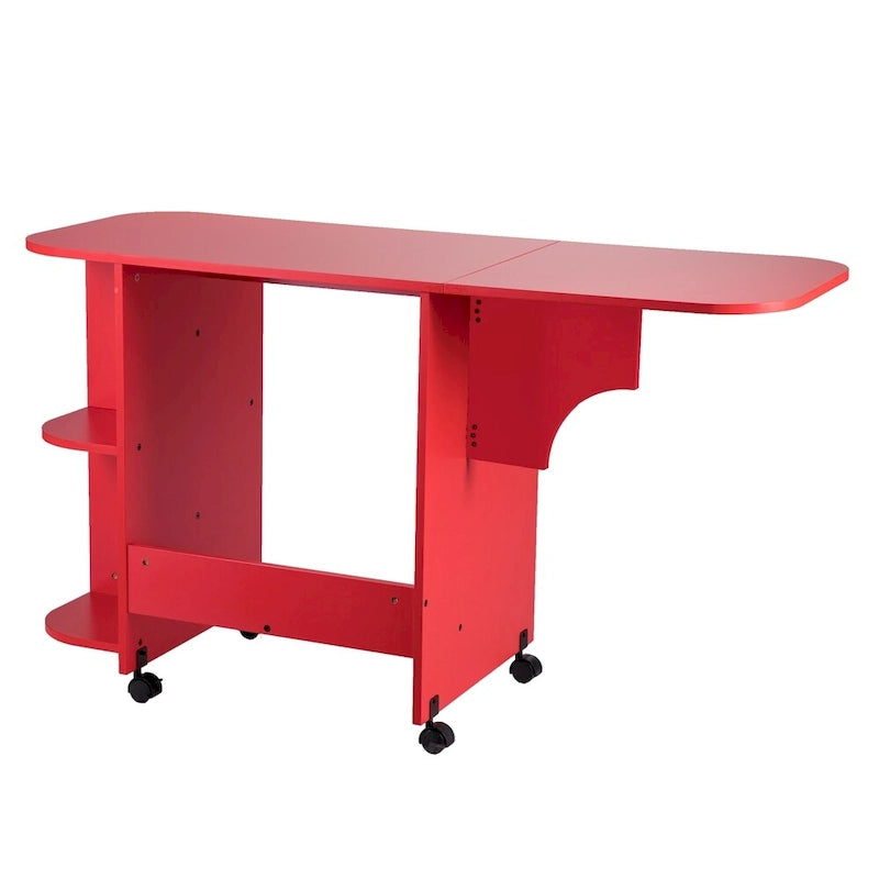 Foldable Rolling Sewing Table with Side Shelves Craft Station Red