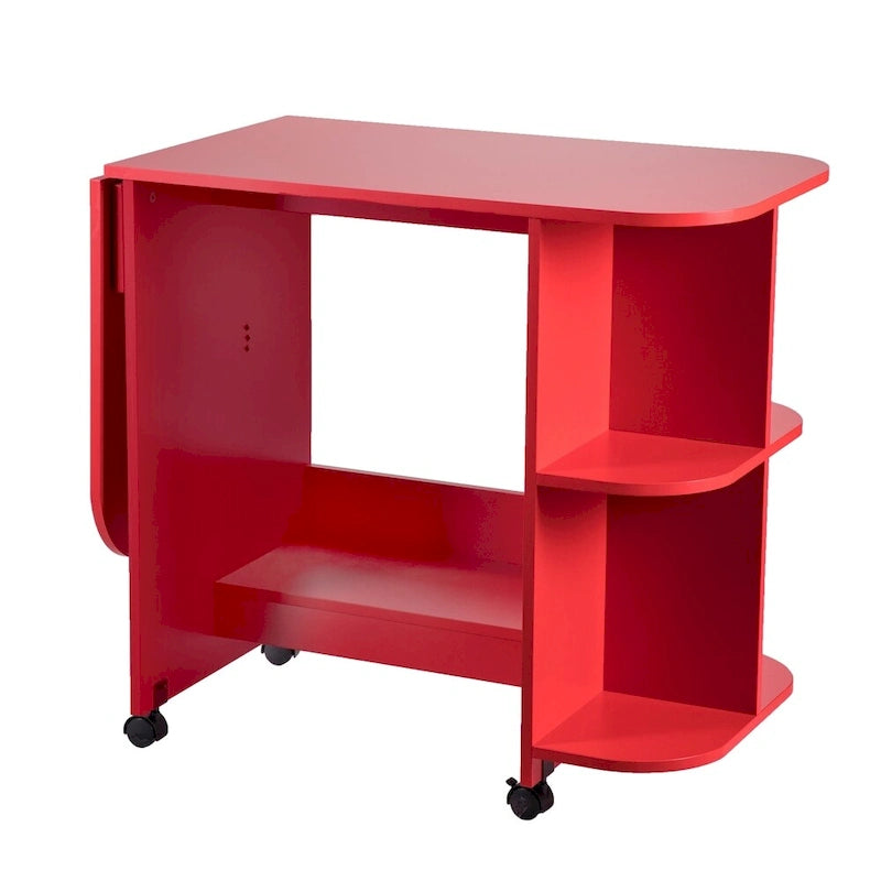 Foldable Rolling Sewing Table with Side Shelves Craft Station Red