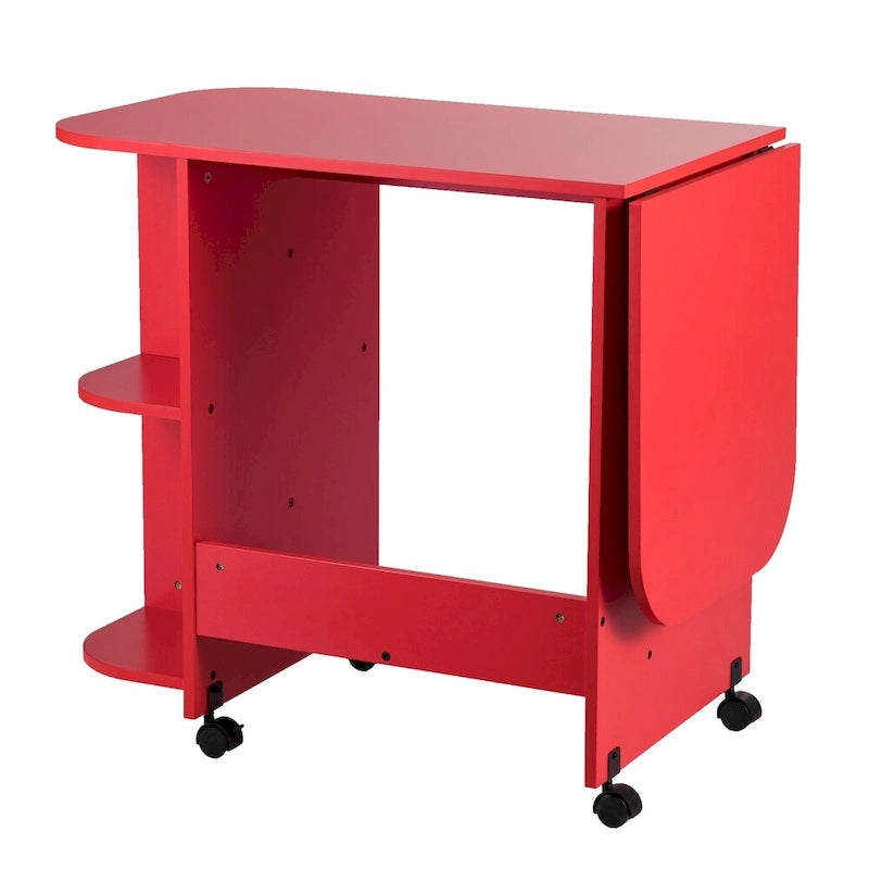 Foldable Rolling Sewing Table with Side Shelves Craft Station Red