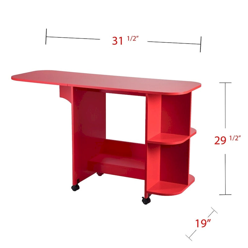 Foldable Rolling Sewing Table with Side Shelves Craft Station Red