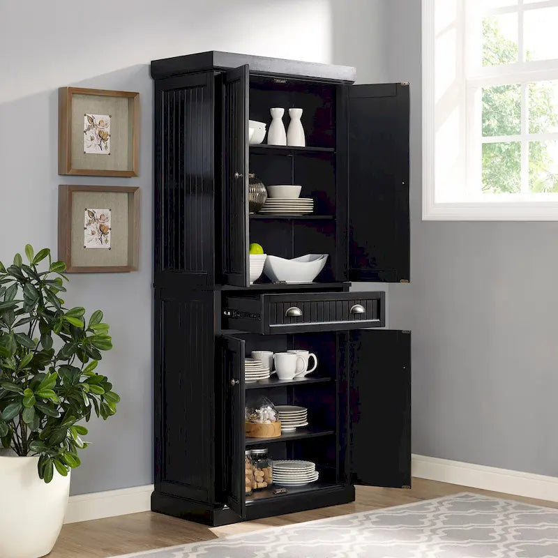 Distressed Black Freestanding Kitchen Pantry Cabinet with Adjustable Shelves and Deep Drawer