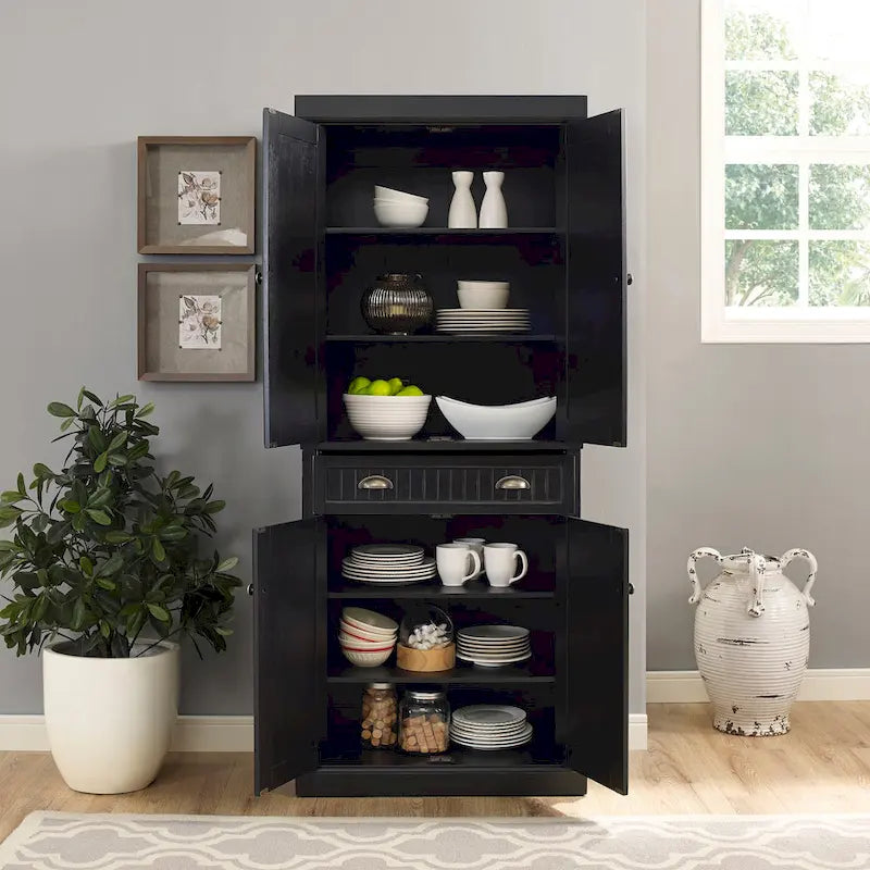 Distressed Black Freestanding Kitchen Pantry Cabinet with Adjustable Shelves and Deep Drawer