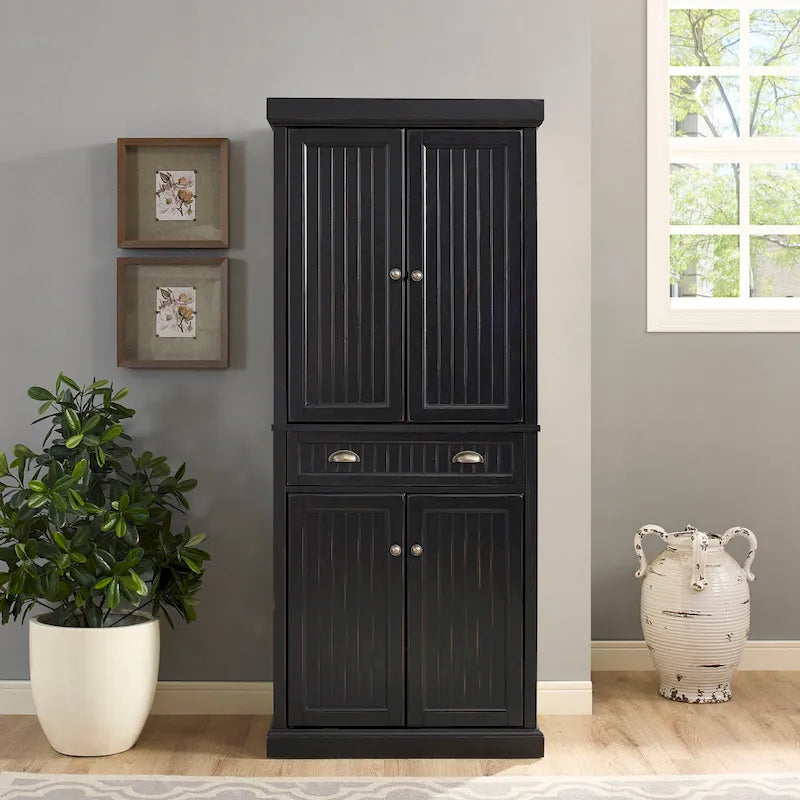 Distressed Black Freestanding Kitchen Pantry Cabinet with Adjustable Shelves and Deep Drawer