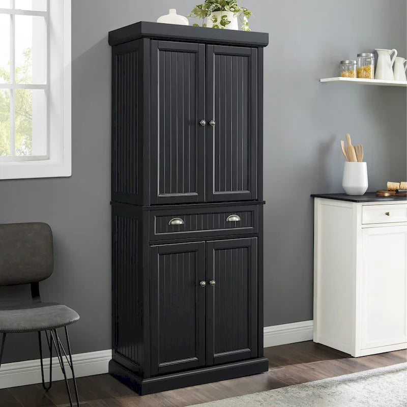 Distressed Black Freestanding Kitchen Pantry Cabinet with Adjustable Shelves and Deep Drawer