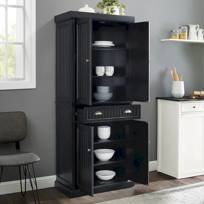Distressed Black Freestanding Kitchen Pantry Cabinet with Adjustable Shelves and Deep Drawer