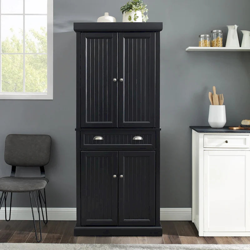 Distressed Black Freestanding Kitchen Pantry Cabinet with Adjustable Shelves and Deep Drawer