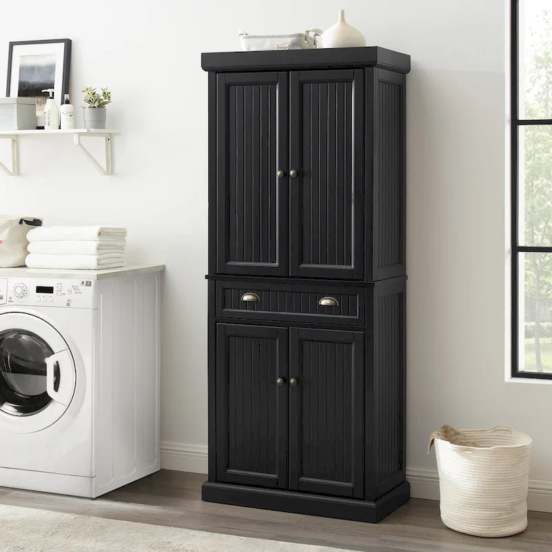 Distressed Black Freestanding Kitchen Pantry Cabinet with Adjustable Shelves and Deep Drawer