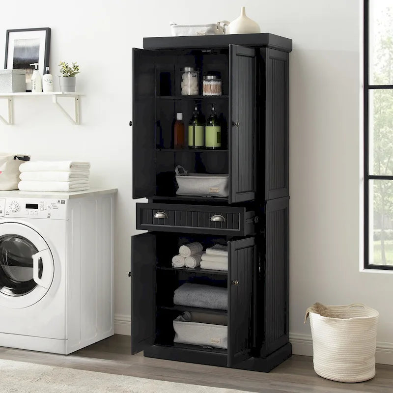 Distressed Black Freestanding Kitchen Pantry Cabinet with Adjustable Shelves and Deep Drawer