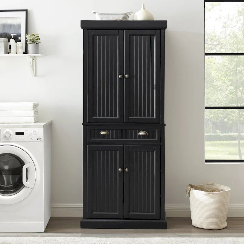 Distressed Black Freestanding Kitchen Pantry Cabinet with Adjustable Shelves and Deep Drawer
