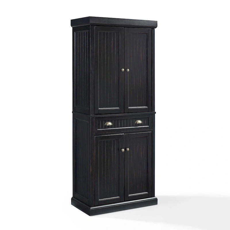Distressed Black Freestanding Kitchen Pantry Cabinet with Adjustable Shelves and Deep Drawer