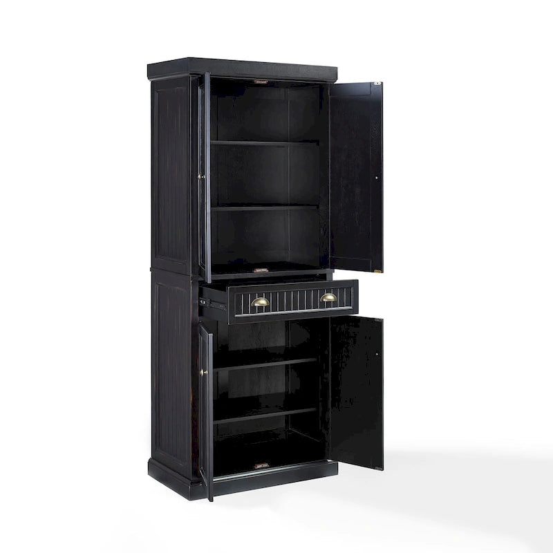Distressed Black Freestanding Kitchen Pantry Cabinet with Adjustable Shelves and Deep Drawer