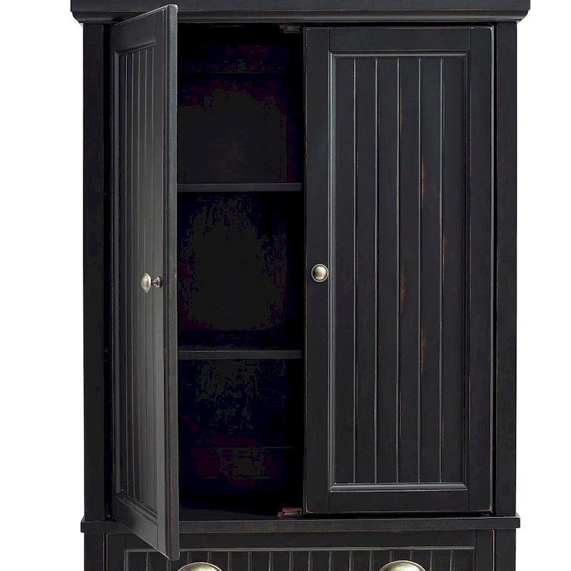 Distressed Black Freestanding Kitchen Pantry Cabinet with Adjustable Shelves and Deep Drawer
