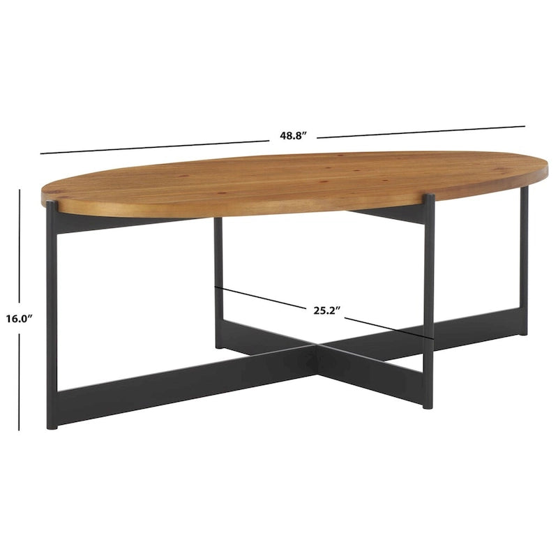 Oval Fir Wood Top Coffee Table with Black Metal Base Natural Brown