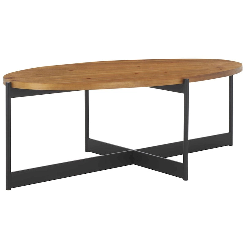 Oval Fir Wood Top Coffee Table with Black Metal Base Natural Brown