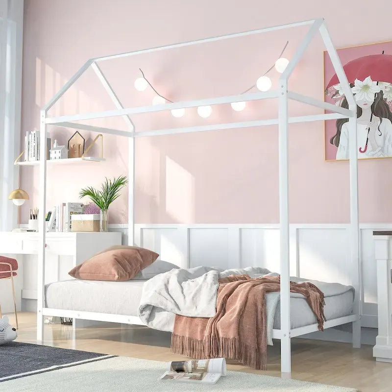 Metal House Bed Frame Twin Size Kids Platform Floor Bed for Boys and Girls White Black