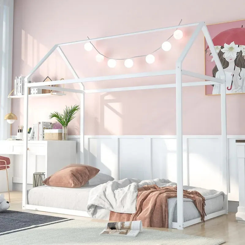 Metal House Bed Frame Twin Size Kids Platform Floor Bed for Boys and Girls White Black