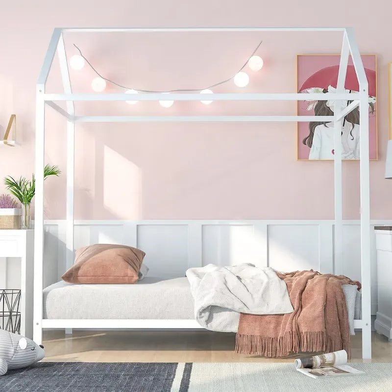 Metal House Bed Frame Twin Size Kids Platform Floor Bed for Boys and Girls White Black